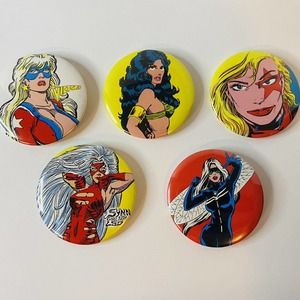 RARE Femforce Pin Back Buttons Synn, Ms. Victory, Tara, Dragonfly, Tara Original